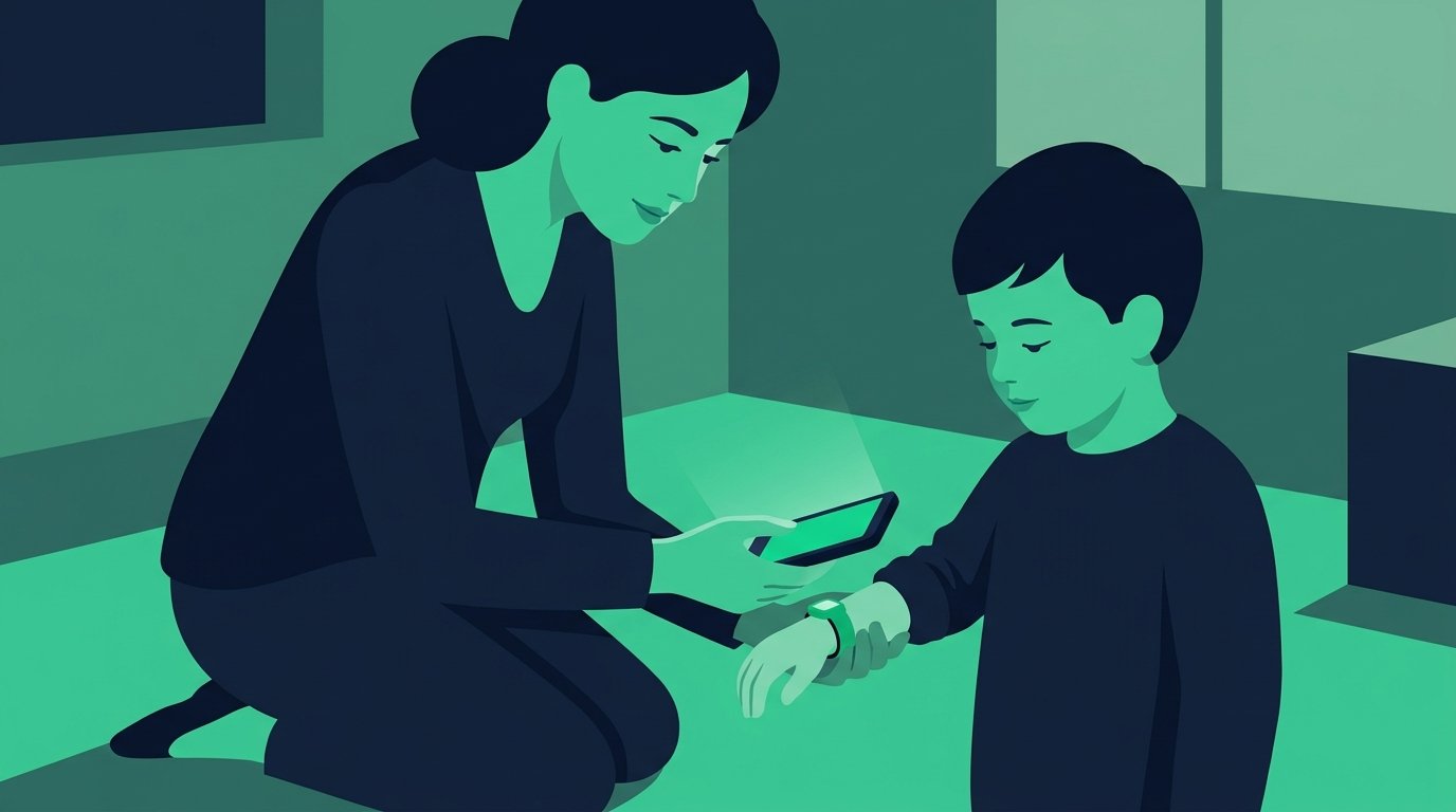 Una maestra escanea con su teléfono el código QR de la pulsera verde en la muñeca del niño