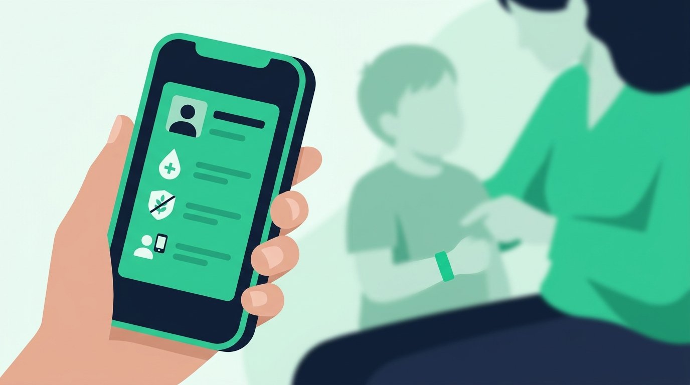 Pantalla de teléfono mostrando la ficha médica del niño con tipo de sangre, alergias y contactos, sostenida por un adulto