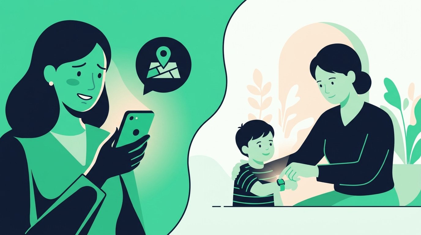 Una madre recibe una notificación en su teléfono con la ubicación, mientras un adulto atiende al niño con la pulsera verde