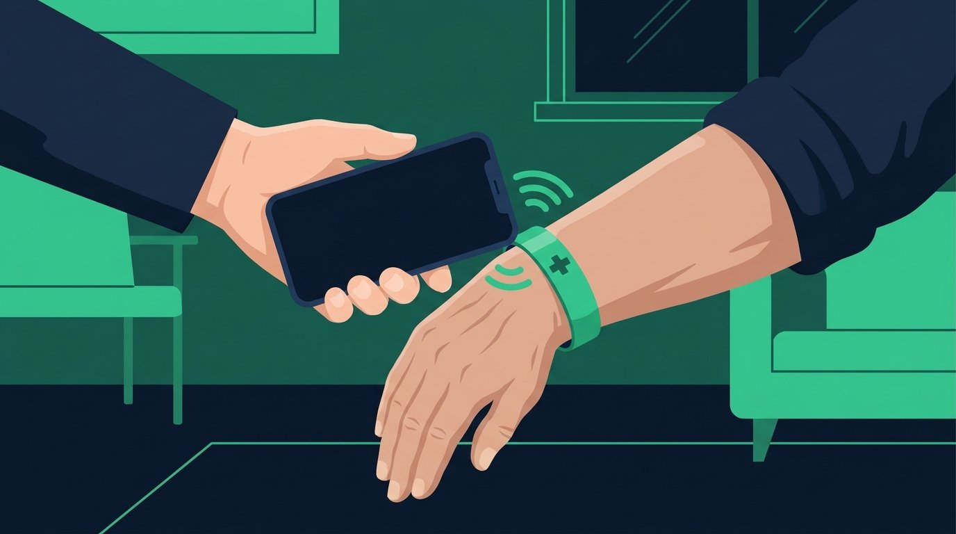 Mano de una persona acercando un teléfono celular a la pulsera médica verde del adulto mayor para leerla por NFC