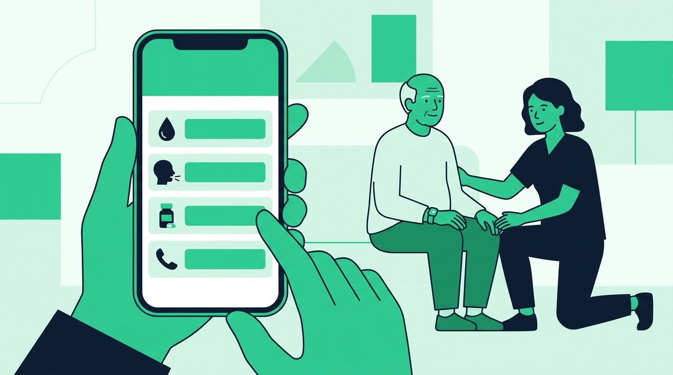 Pantalla de teléfono mostrando una ficha médica con tipo de sangre, alergias, medicamentos y contacto de emergencia del adulto mayor