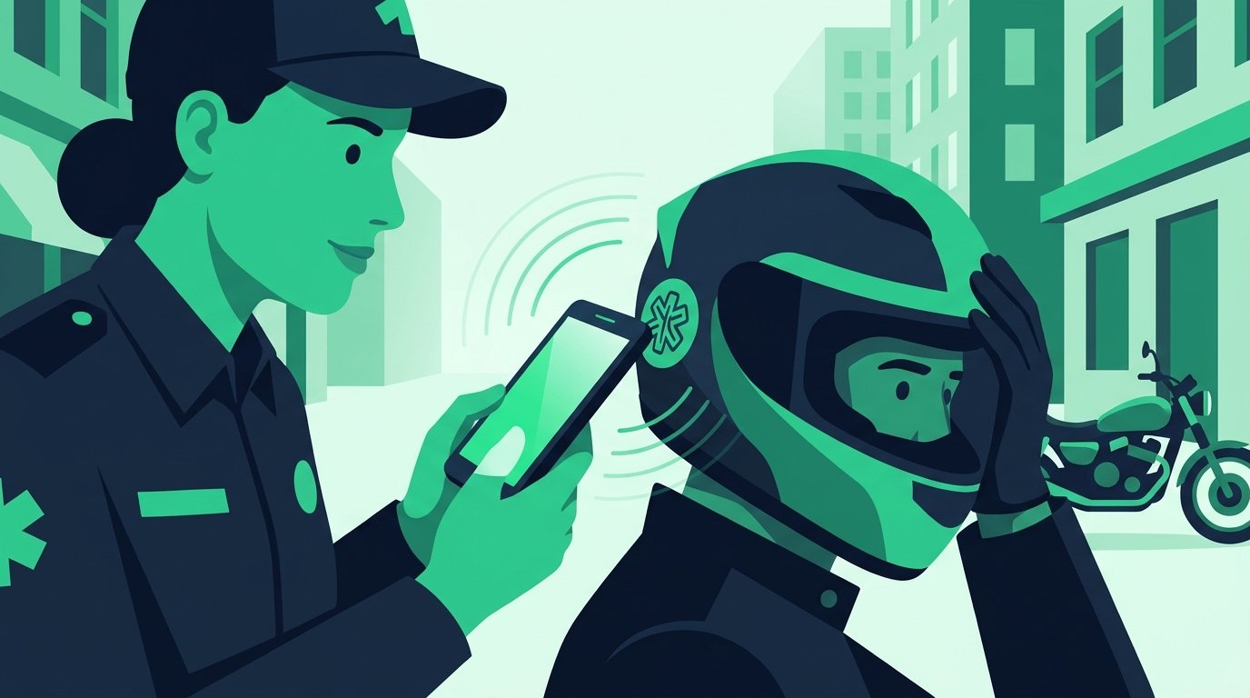 Paramédico acercando un teléfono al sticker verde del casco para leerlo por NFC, sin instalar ninguna aplicación